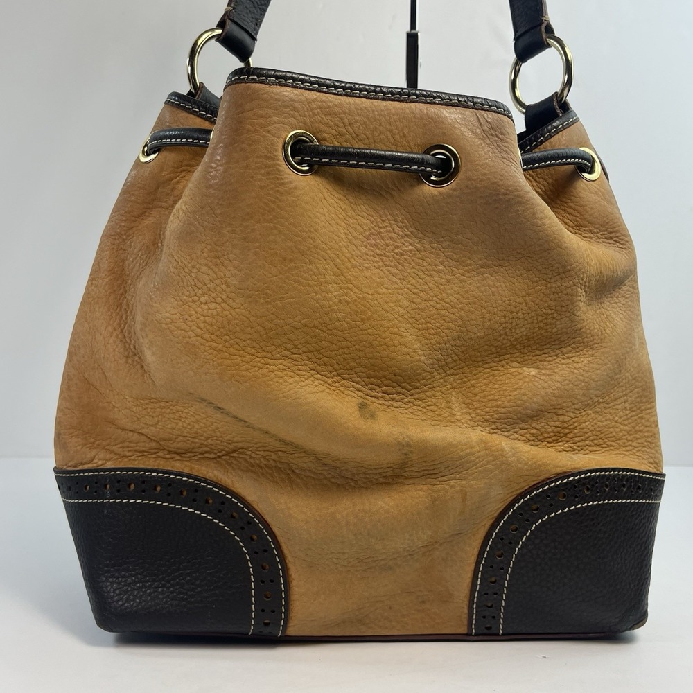 Dooney Bourke Brown Suede Black Leather Drawstring Bucket Bag - Picture 5 of 10